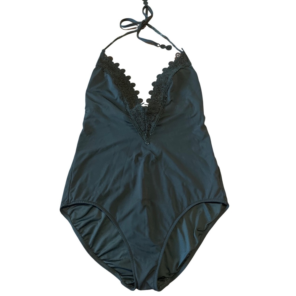 Seafolly Australia Black Scalloped Edge Halter V-Neck One Piece Swimsuit USA 10